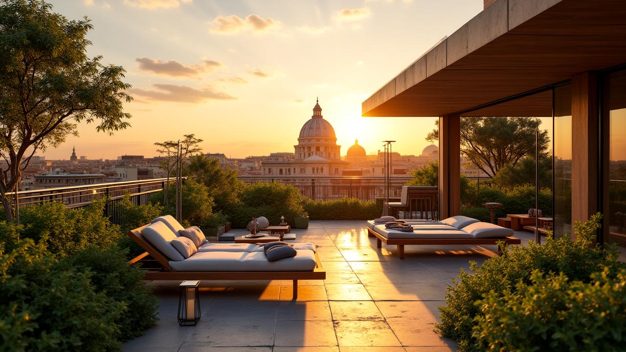 Un lussuoso rooftop garden a Roma con vista sul Pantheon e piante mediterranee lussureggianti